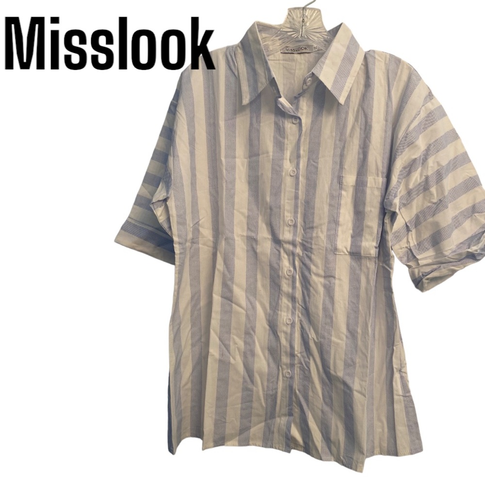 MISSLOOK Blue & White Striped Button Down Blouse XXL